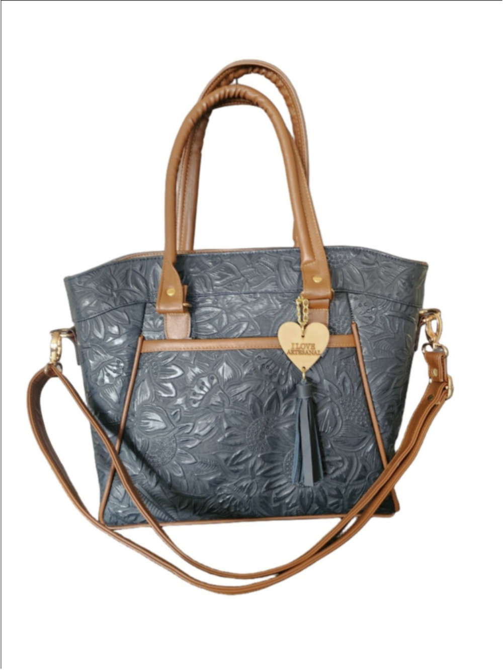 Sunflower Marine NAVY Blue Brown Embossed Tooled Artisan LEATHER Purse Handbag - Picture 2 of 16